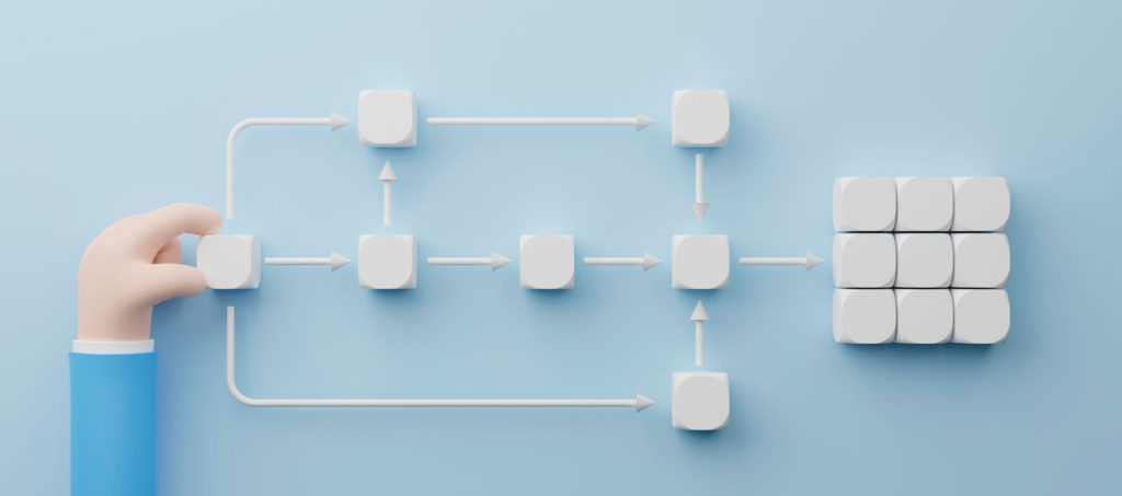 Blocos conectados por linhas, que se conectam a um conjunto de blocos maior.